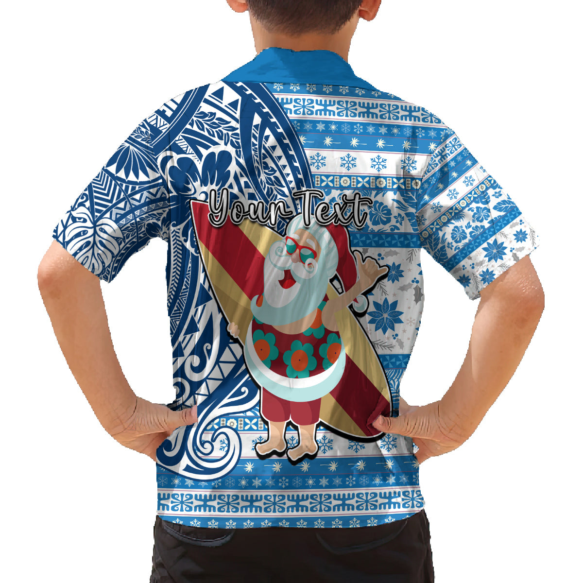 Custom Hawaii Mele Kalikimaka Family Matching Off Shoulder Long Sleeve Dress and Hawaiian Shirt Santa Claus Surfing with Hawaiian Pattern Striped Blue Style LT03 - Polynesian Pride