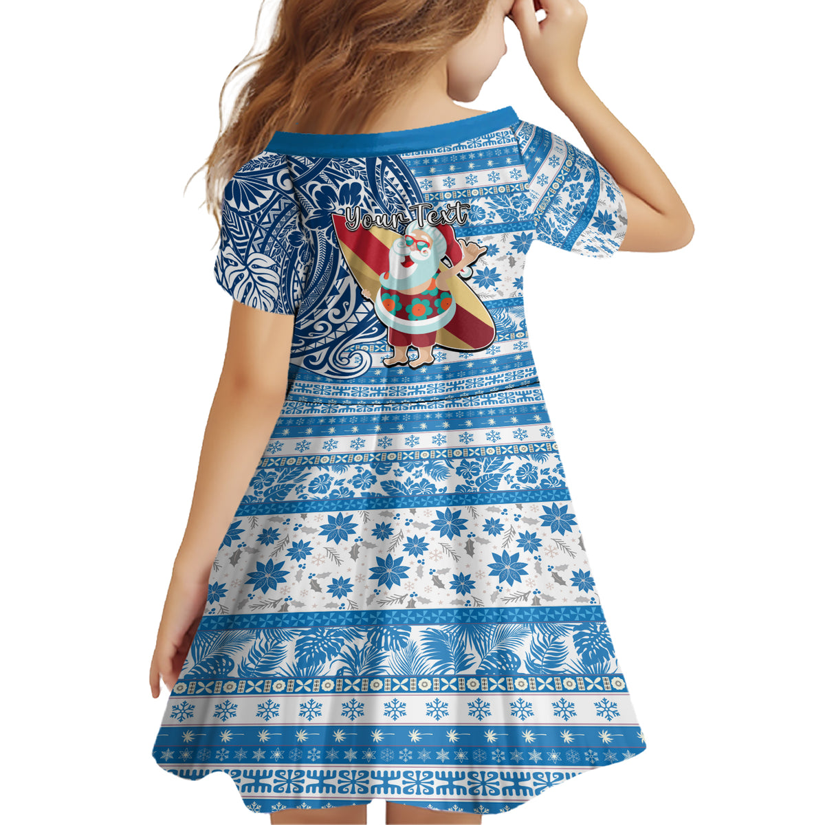 Custom Hawaii Mele Kalikimaka Family Matching Short Sleeve Bodycon Dress and Hawaiian Shirt Santa Claus Surfing with Hawaiian Pattern Striped Blue Style LT03 - Polynesian Pride