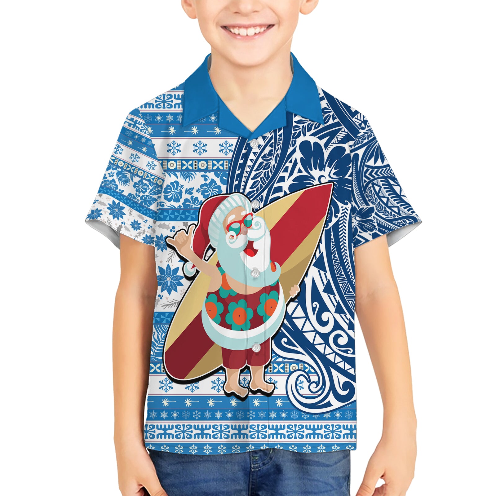 Custom Hawaii Mele Kalikimaka Kid Hawaiian Shirt Santa Claus Surfing with Hawaiian Pattern Striped Blue Style LT03 Kid Blue - Polynesian Pride