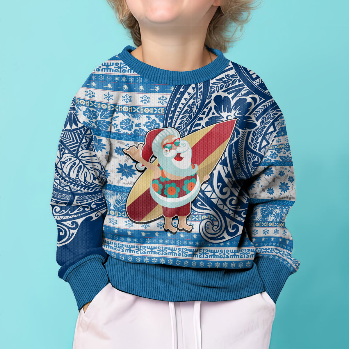Custom Hawaii Mele Kalikimaka Kid Ugly Christmas Sweater Santa Claus Surfing with Hawaiian Pattern Striped Blue Style LT03 - Polynesian Pride