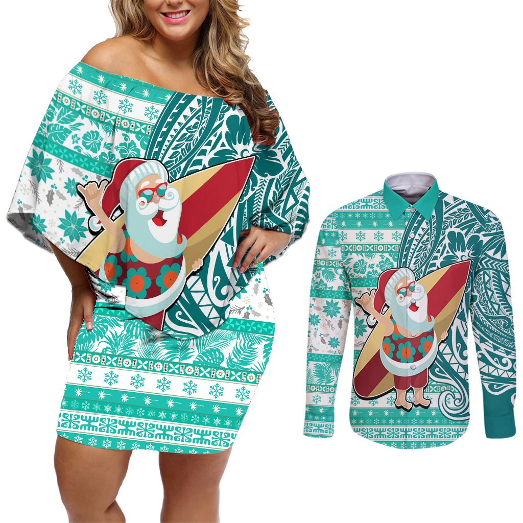Hawaii Mele Kalikimaka Couples Matching Off Shoulder Short Dress and Long Sleeve Button Shirt Santa Claus Surfing with Hawaiian Pattern Striped Turquoise Style LT03 Turquoise - Polynesian Pride