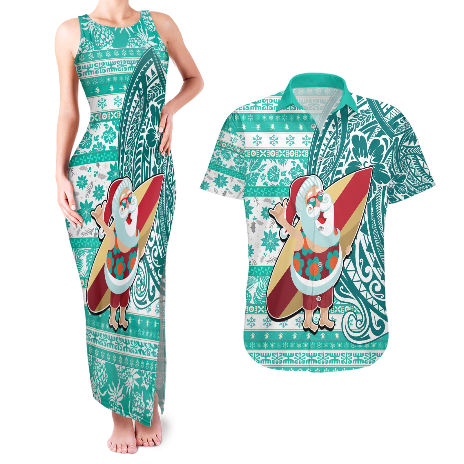 Hawaii Mele Kalikimaka Couples Matching Tank Maxi Dress and Hawaiian Shirt Santa Claus Surfing with Hawaiian Pattern Striped Turquoise Style LT03 Turquoise - Polynesian Pride