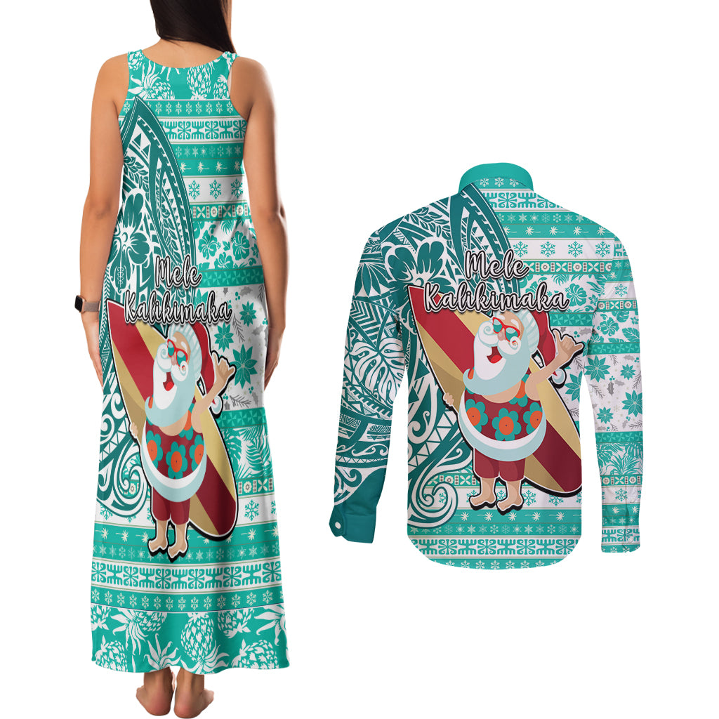 Hawaii Mele Kalikimaka Couples Matching Tank Maxi Dress and Long Sleeve Button Shirt Santa Claus Surfing with Hawaiian Pattern Striped Turquoise Style LT03 - Polynesian Pride