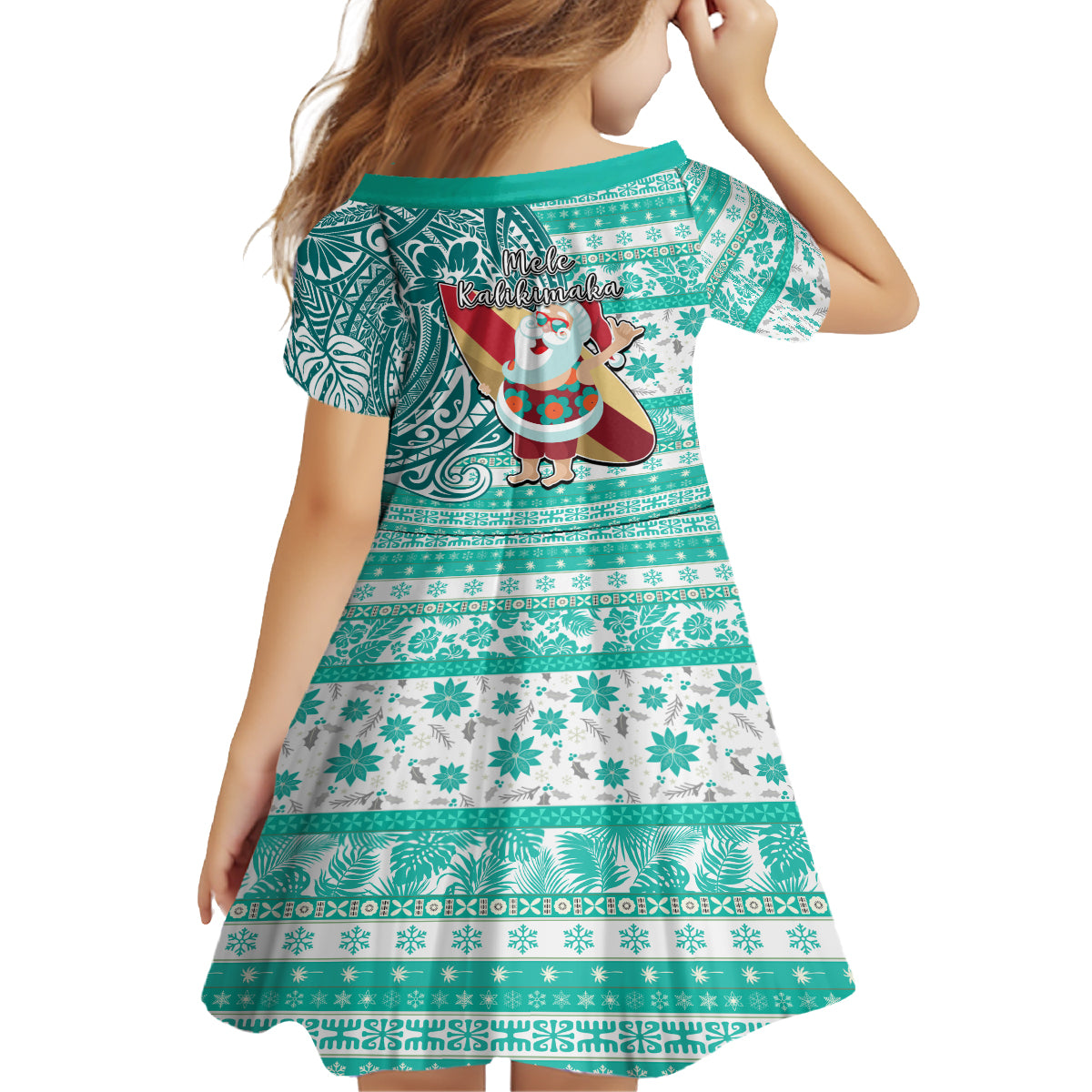 Hawaii Mele Kalikimaka Family Matching Off Shoulder Long Sleeve Dress and Hawaiian Shirt Santa Claus Surfing with Hawaiian Pattern Striped Turquoise Style LT03 - Polynesian Pride