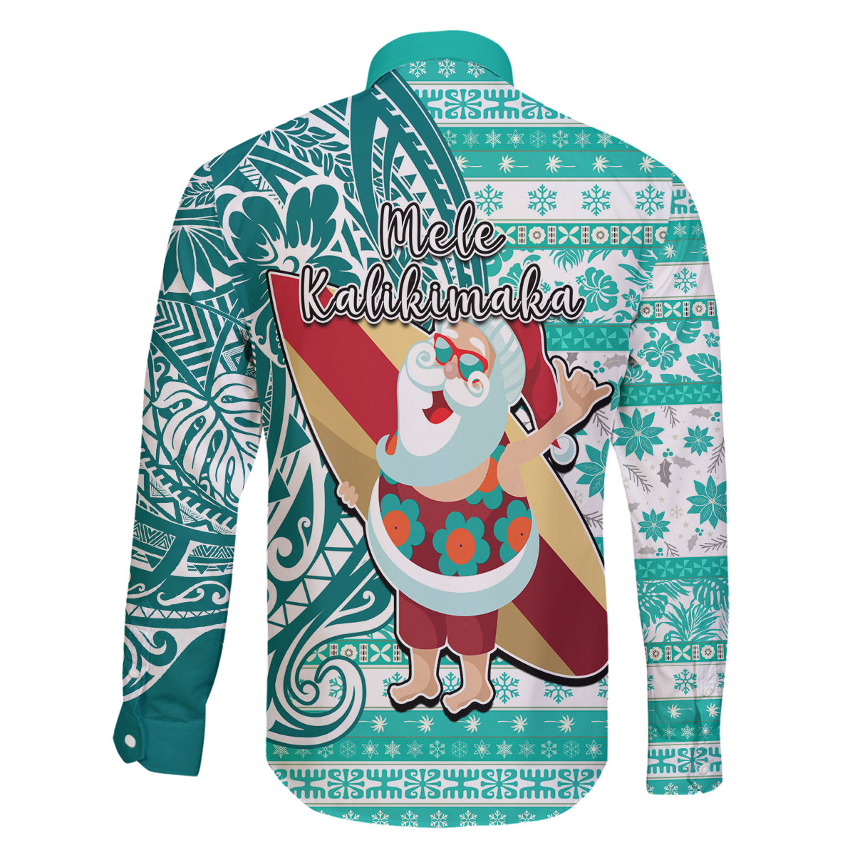 Hawaii Mele Kalikimaka Family Matching Off Shoulder Long Sleeve Dress and Hawaiian Shirt Santa Claus Surfing with Hawaiian Pattern Striped Turquoise Style LT03 - Polynesian Pride