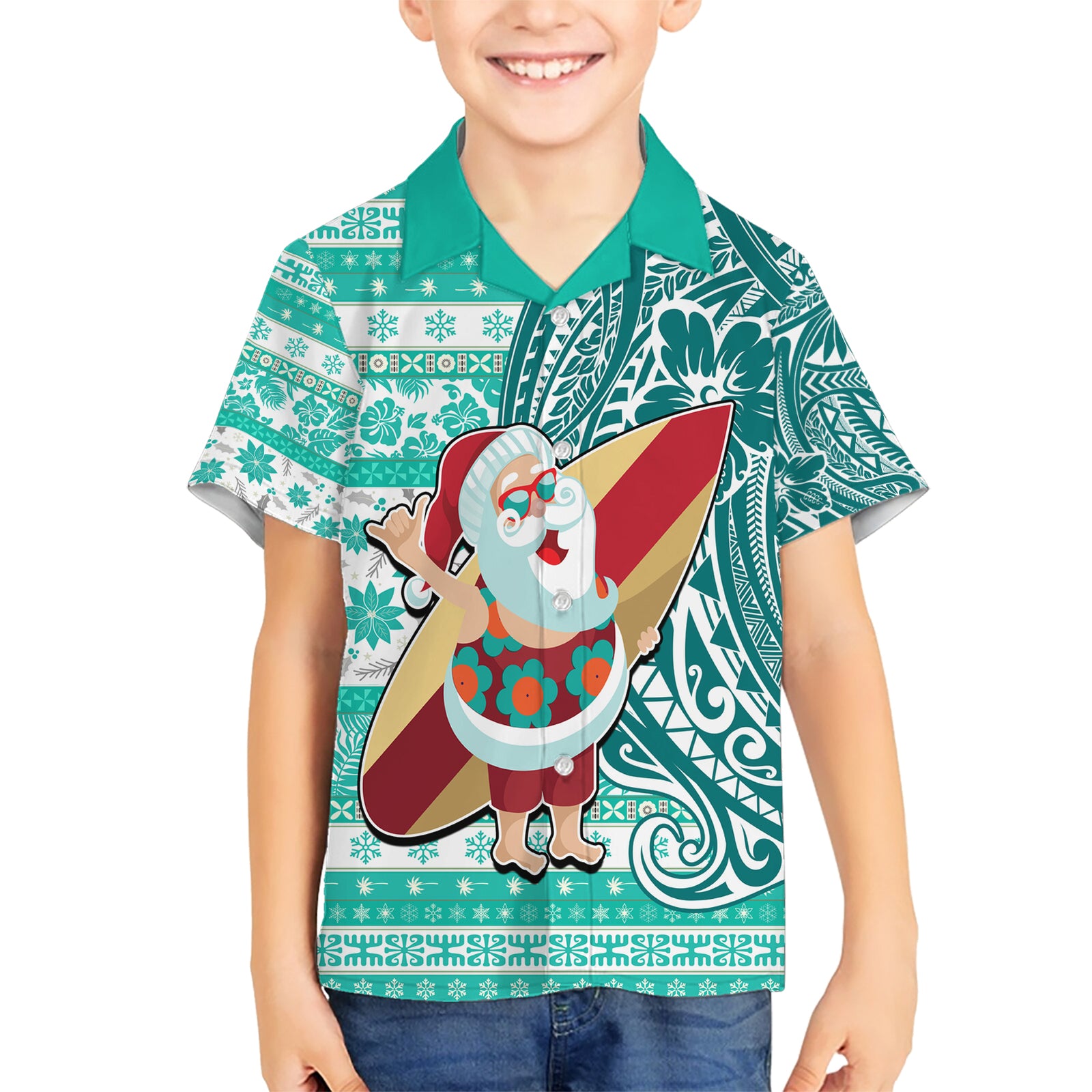 Hawaii Mele Kalikimaka Kid Hawaiian Shirt Santa Claus Surfing with Hawaiian Pattern Striped Turquoise Style LT03 Kid Turquoise - Polynesian Pride