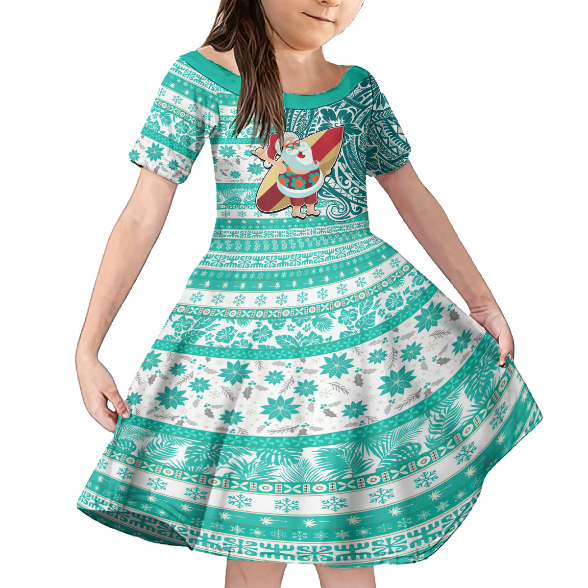 Hawaii Mele Kalikimaka Kid Short Sleeve Dress Santa Claus Surfing with Hawaiian Pattern Striped Turquoise Style LT03 KID Turquoise - Polynesian Pride