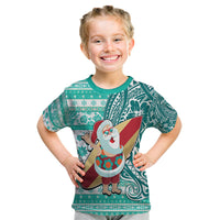 Hawaii Mele Kalikimaka Kid T Shirt Santa Claus Surfing with Hawaiian Pattern Striped Turquoise Style LT03 Turquoise - Polynesian Pride