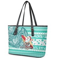 Hawaii Mele Kalikimaka Leather Tote Bag Santa Claus Surfing with Hawaiian Pattern Striped Turquoise Style LT03 - Polynesian Pride