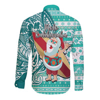 Hawaii Mele Kalikimaka Long Sleeve Button Shirt Santa Claus Surfing with Hawaiian Pattern Striped Turquoise Style LT03 - Polynesian Pride