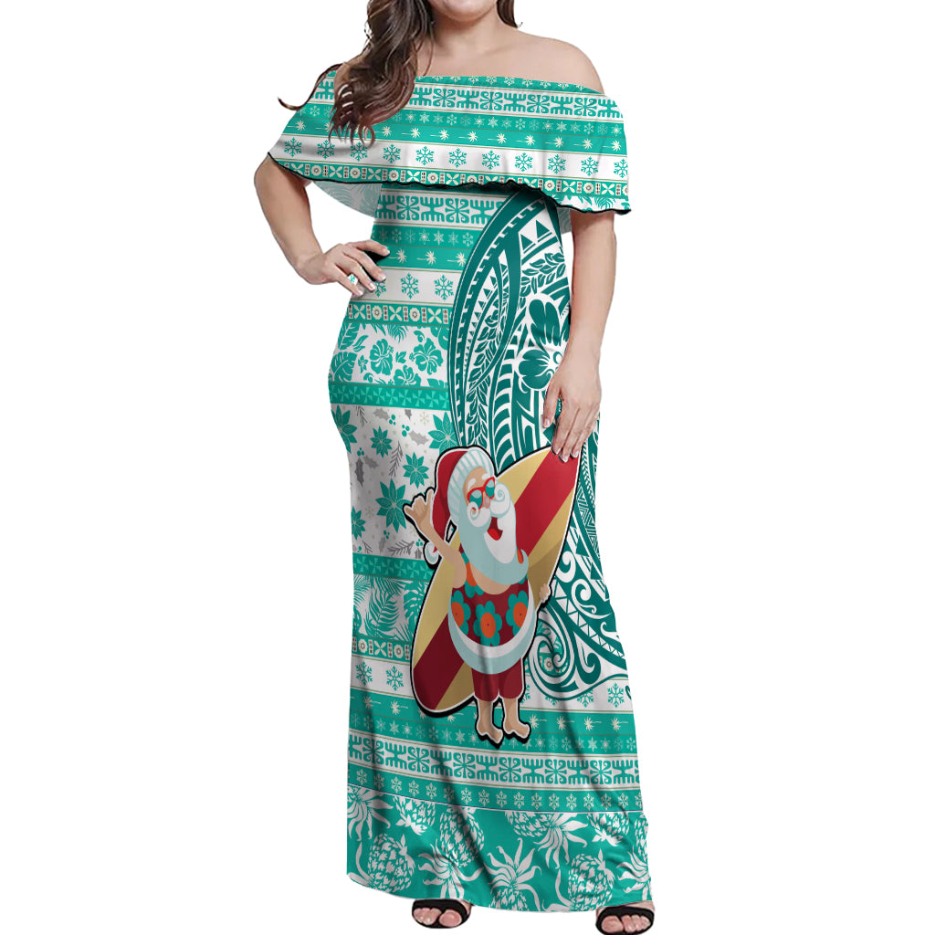 Hawaii Mele Kalikimaka Off Shoulder Maxi Dress Santa Claus Surfing with Hawaiian Pattern Striped Turquoise Style LT03 Women Turquoise - Polynesian Pride