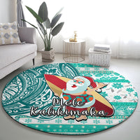 Hawaii Mele Kalikimaka Round Carpet Santa Claus Surfing with Hawaiian Pattern Striped Turquoise Style LT03 - Polynesian Pride