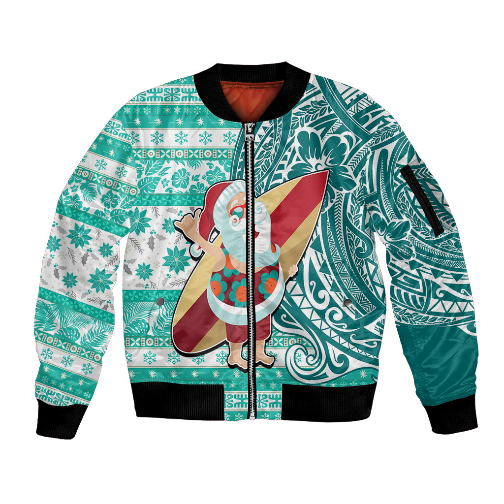 Hawaii Mele Kalikimaka Sleeve Zip Bomber Jacket Santa Claus Surfing with Hawaiian Pattern Striped Turquoise Style LT03 Unisex Turquoise - Polynesian Pride