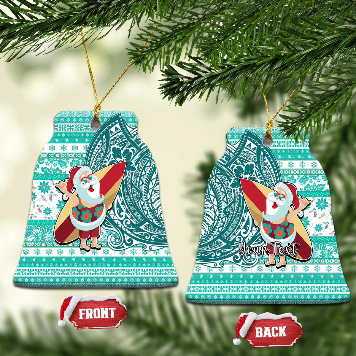 Custom Hawaii Mele Kalikimaka Ceramic Ornament Santa Claus Surfing with Hawaiian Pattern Striped Turquoise Style LT03 Bell Flake Turquoise - Polynesian Pride