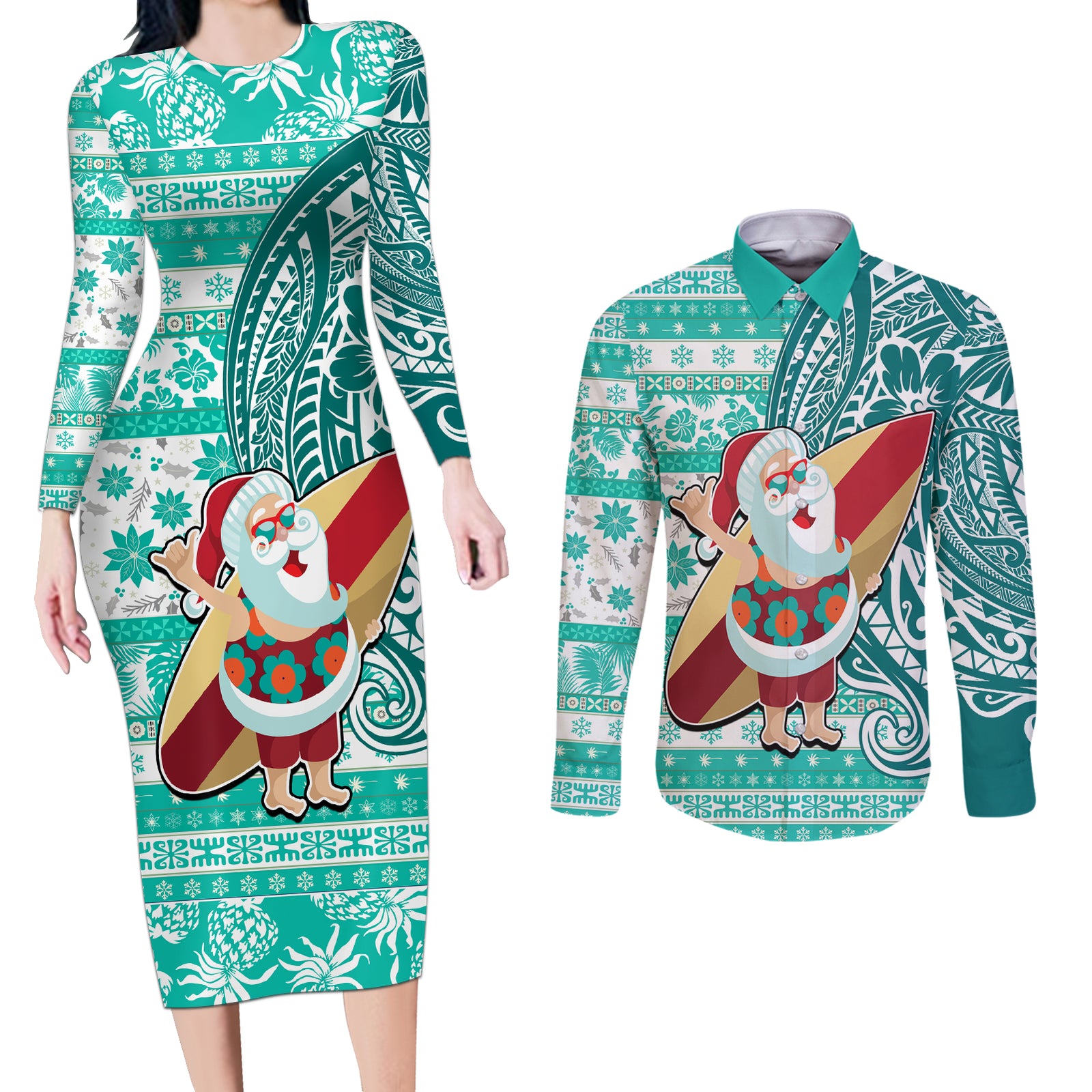 Custom Hawaii Mele Kalikimaka Couples Matching Long Sleeve Bodycon Dress and Long Sleeve Button Shirt Santa Claus Surfing with Hawaiian Pattern Striped Turquoise Style LT03 Turquoise - Polynesian Pride