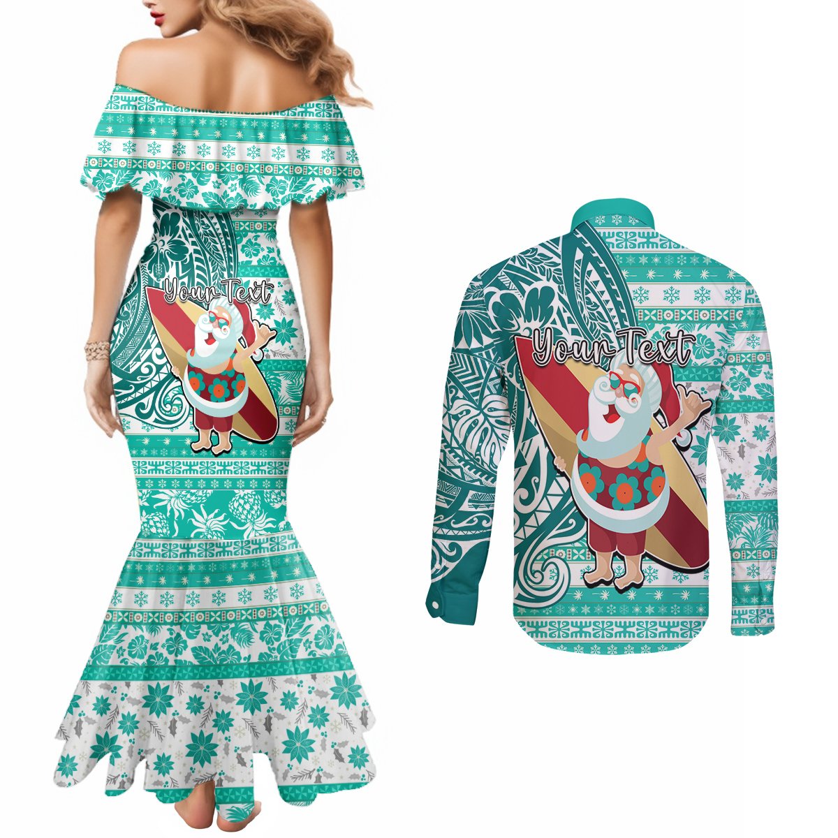 Custom Hawaii Mele Kalikimaka Couples Matching Mermaid Dress and Long Sleeve Button Shirt Santa Claus Surfing with Hawaiian Pattern Striped Turquoise Style LT03 - Polynesian Pride