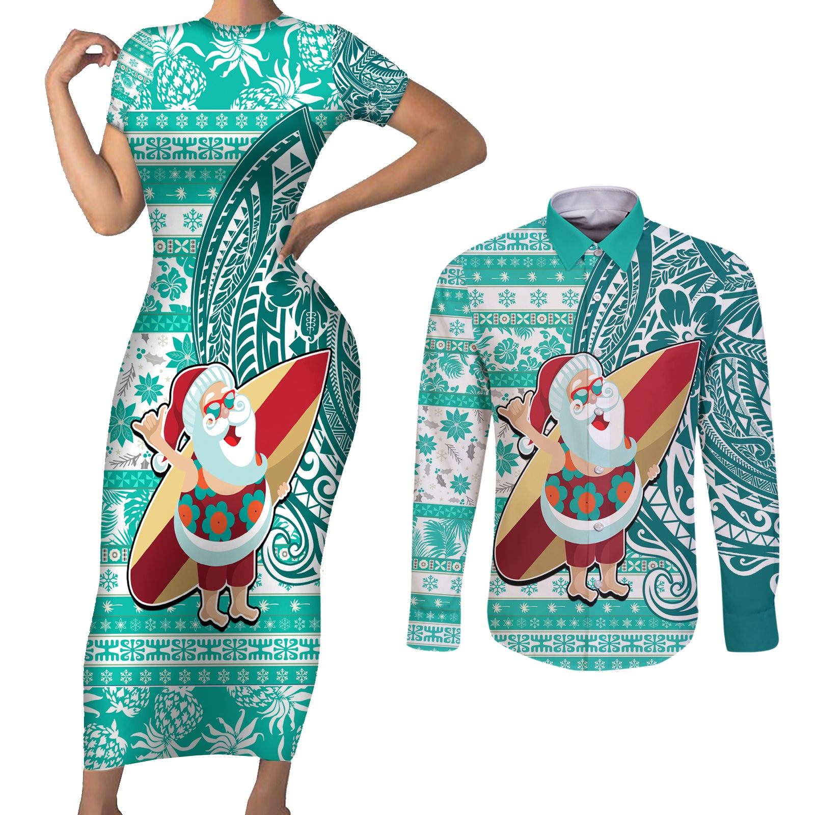 Custom Hawaii Mele Kalikimaka Couples Matching Short Sleeve Bodycon Dress and Long Sleeve Button Shirt Santa Claus Surfing with Hawaiian Pattern Striped Turquoise Style LT03 Turquoise - Polynesian Pride