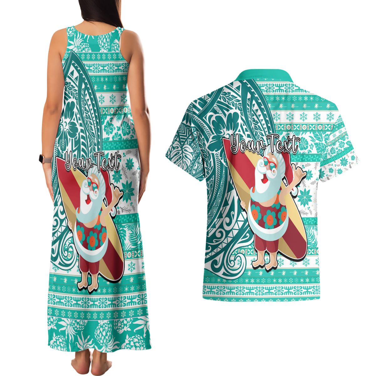 Custom Hawaii Mele Kalikimaka Couples Matching Tank Maxi Dress and Hawaiian Shirt Santa Claus Surfing with Hawaiian Pattern Striped Turquoise Style LT03 - Polynesian Pride
