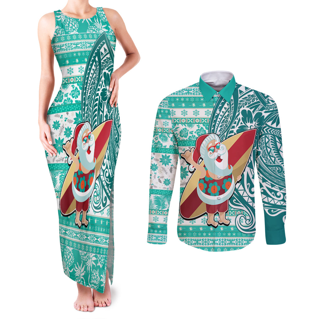 Custom Hawaii Mele Kalikimaka Couples Matching Tank Maxi Dress and Long Sleeve Button Shirt Santa Claus Surfing with Hawaiian Pattern Striped Turquoise Style LT03 Turquoise - Polynesian Pride