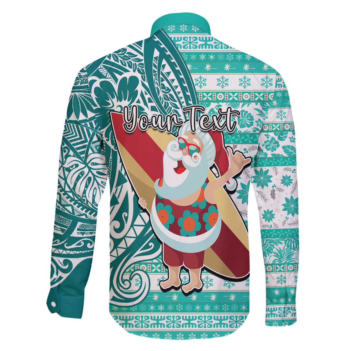 Custom Hawaii Mele Kalikimaka Family Matching Long Sleeve Bodycon Dress and Hawaiian Shirt Santa Claus Surfing with Hawaiian Pattern Striped Turquoise Style LT03 - Polynesian Pride