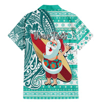 Custom Hawaii Mele Kalikimaka Family Matching Mermaid Dress and Hawaiian Shirt Santa Claus Surfing with Hawaiian Pattern Striped Turquoise Style LT03 - Polynesian Pride