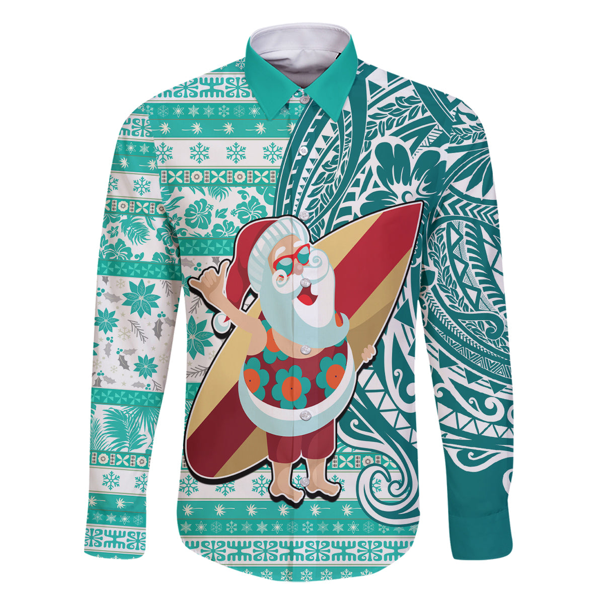 Custom Hawaii Mele Kalikimaka Family Matching Off Shoulder Maxi Dress and Hawaiian Shirt Santa Claus Surfing with Hawaiian Pattern Striped Turquoise Style LT03 Dad's Shirt - Long Sleeve Turquoise - Polynesian Pride