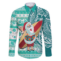 Custom Hawaii Mele Kalikimaka Family Matching Off Shoulder Maxi Dress and Hawaiian Shirt Santa Claus Surfing with Hawaiian Pattern Striped Turquoise Style LT03 Dad's Shirt - Long Sleeve Turquoise - Polynesian Pride