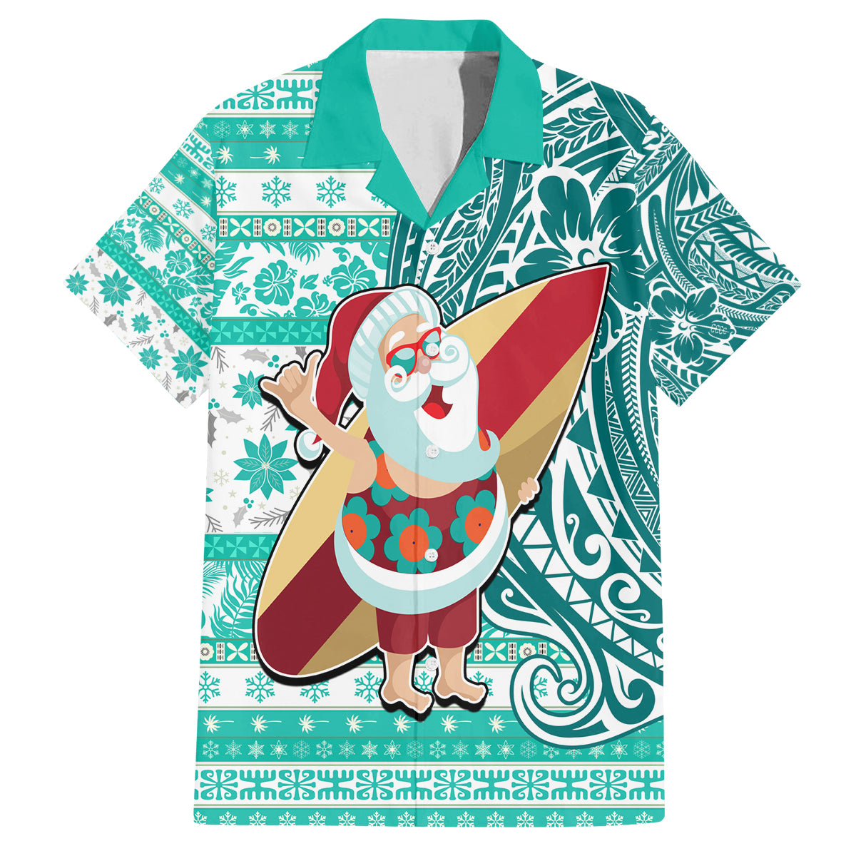 Custom Hawaii Mele Kalikimaka Family Matching Puletasi Dress and Hawaiian Shirt Santa Claus Surfing with Hawaiian Pattern Striped Turquoise Style LT03 Dad's Shirt - Short Sleeve Turquoise - Polynesian Pride