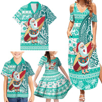 Custom Hawaii Mele Kalikimaka Family Matching Summer Maxi Dress and Hawaiian Shirt Santa Claus Surfing with Hawaiian Pattern Striped Turquoise Style LT03 - Polynesian Pride