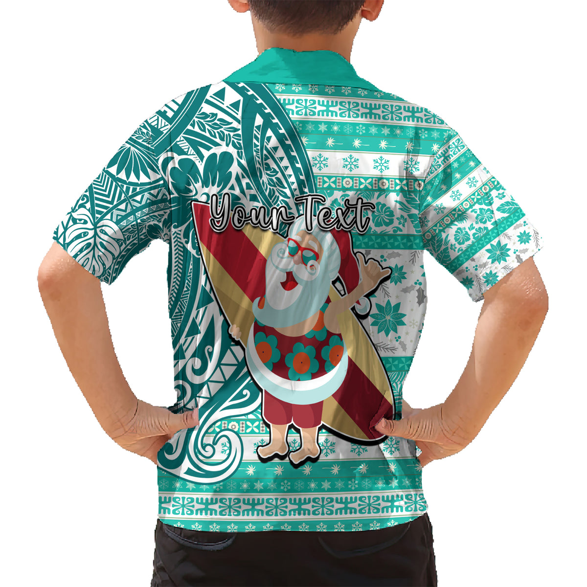 Custom Hawaii Mele Kalikimaka Kid Hawaiian Shirt Santa Claus Surfing with Hawaiian Pattern Striped Turquoise Style LT03 - Polynesian Pride