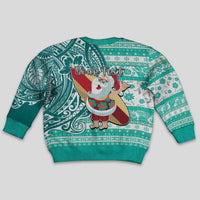 Custom Hawaii Mele Kalikimaka Kid Ugly Christmas Sweater Santa Claus Surfing with Hawaiian Pattern Striped Turquoise Style LT03 - Polynesian Pride