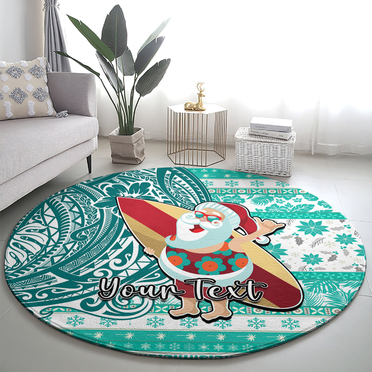Custom Hawaii Mele Kalikimaka Round Carpet Santa Claus Surfing with Hawaiian Pattern Striped Turquoise Style LT03 - Polynesian Pride