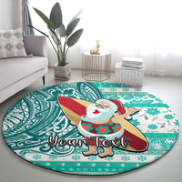 Custom Hawaii Mele Kalikimaka Round Carpet Santa Claus Surfing with Hawaiian Pattern Striped Turquoise Style LT03 - Polynesian Pride