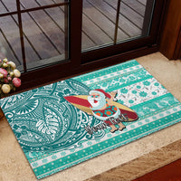 Custom Hawaii Mele Kalikimaka Rubber Doormat Santa Claus Surfing with Hawaiian Pattern Striped Turquoise Style LT03 - Polynesian Pride
