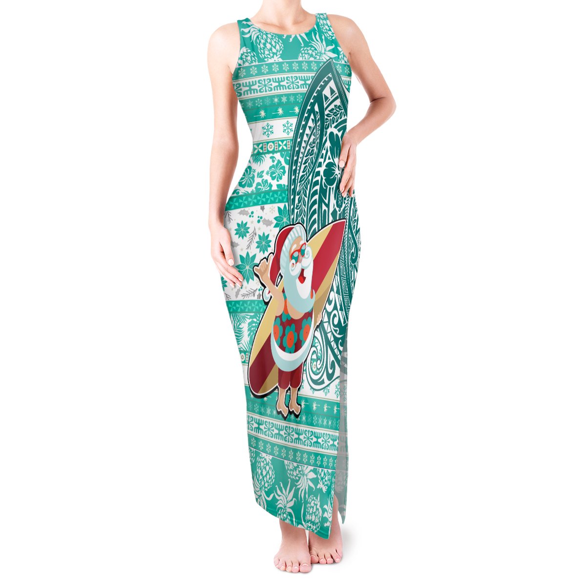 Custom Hawaii Mele Kalikimaka Tank Maxi Dress Santa Claus Surfing with Hawaiian Pattern Striped Turquoise Style LT03 Women Turquoise - Polynesian Pride