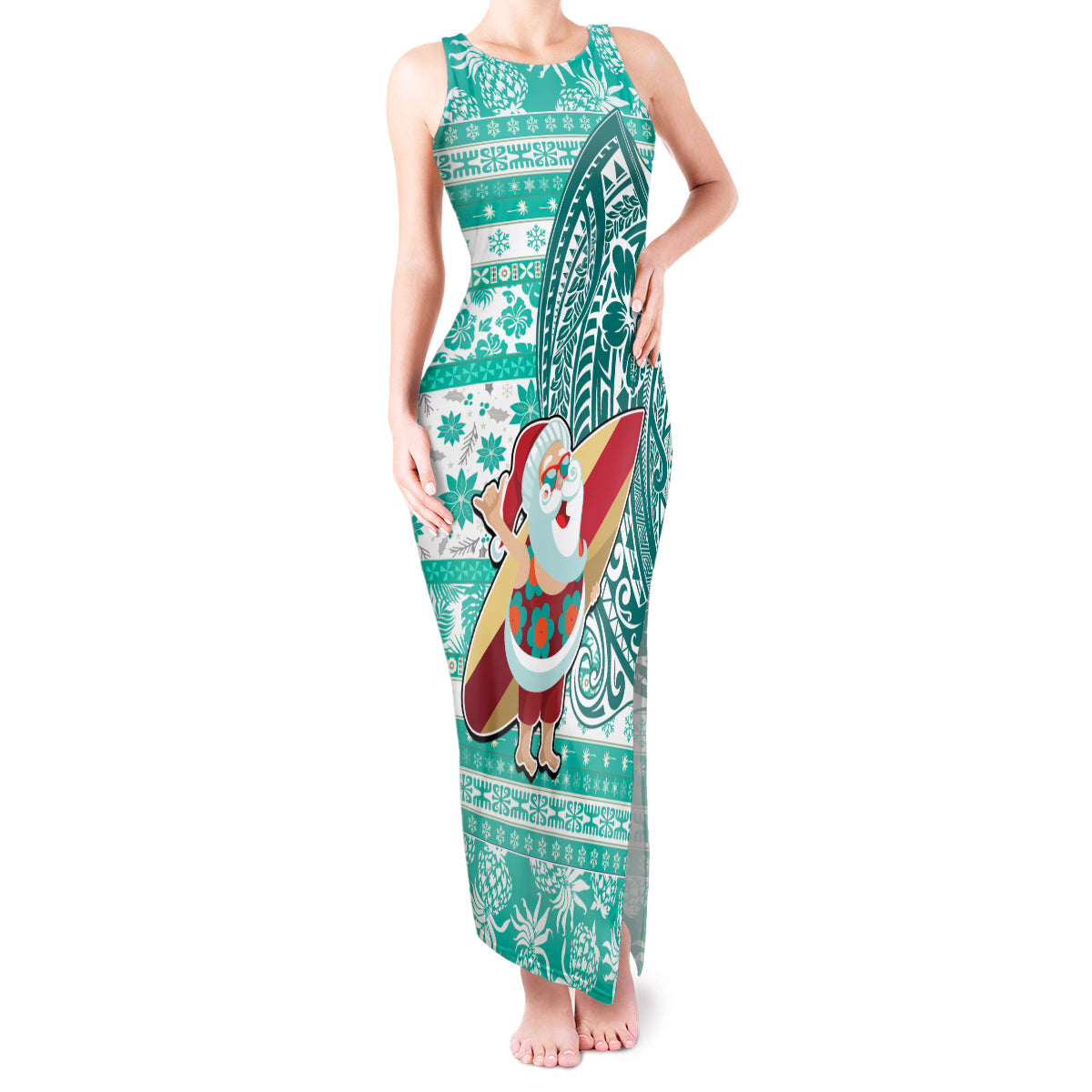 Custom Hawaii Mele Kalikimaka Tank Maxi Dress Santa Claus Surfing with Hawaiian Pattern Striped Turquoise Style LT03 Women Turquoise - Polynesian Pride