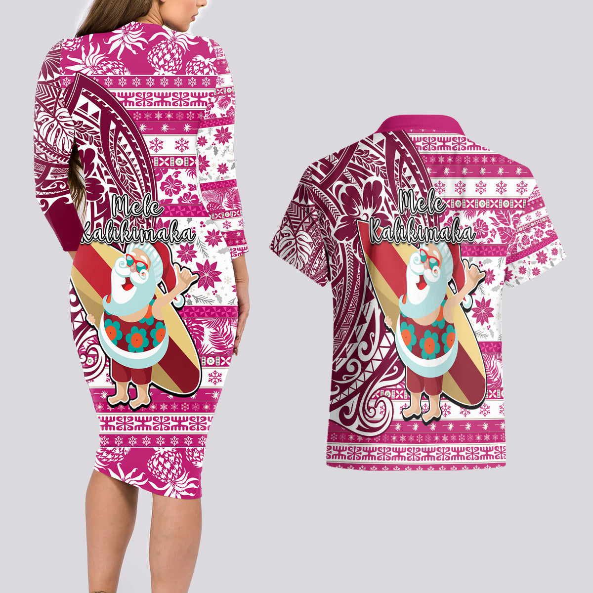 Hawaii Mele Kalikimaka Couples Matching Long Sleeve Bodycon Dress and Hawaiian Shirt Santa Claus Surfing with Hawaiian Pattern Striped Pink Style LT03 - Polynesian Pride