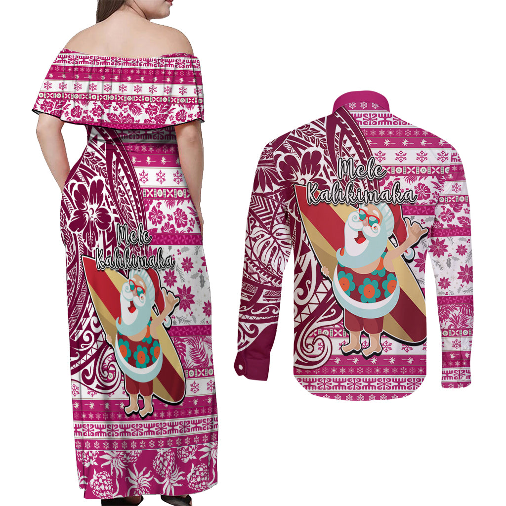 Hawaii Mele Kalikimaka Couples Matching Off Shoulder Maxi Dress and Long Sleeve Button Shirt Santa Claus Surfing with Hawaiian Pattern Striped Pink Style LT03 - Polynesian Pride