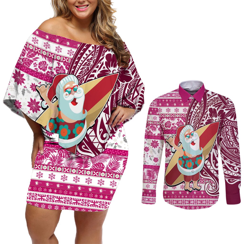 Hawaii Mele Kalikimaka Couples Matching Off Shoulder Short Dress and Long Sleeve Button Shirt Santa Claus Surfing with Hawaiian Pattern Striped Pink Style LT03 Pink - Polynesian Pride