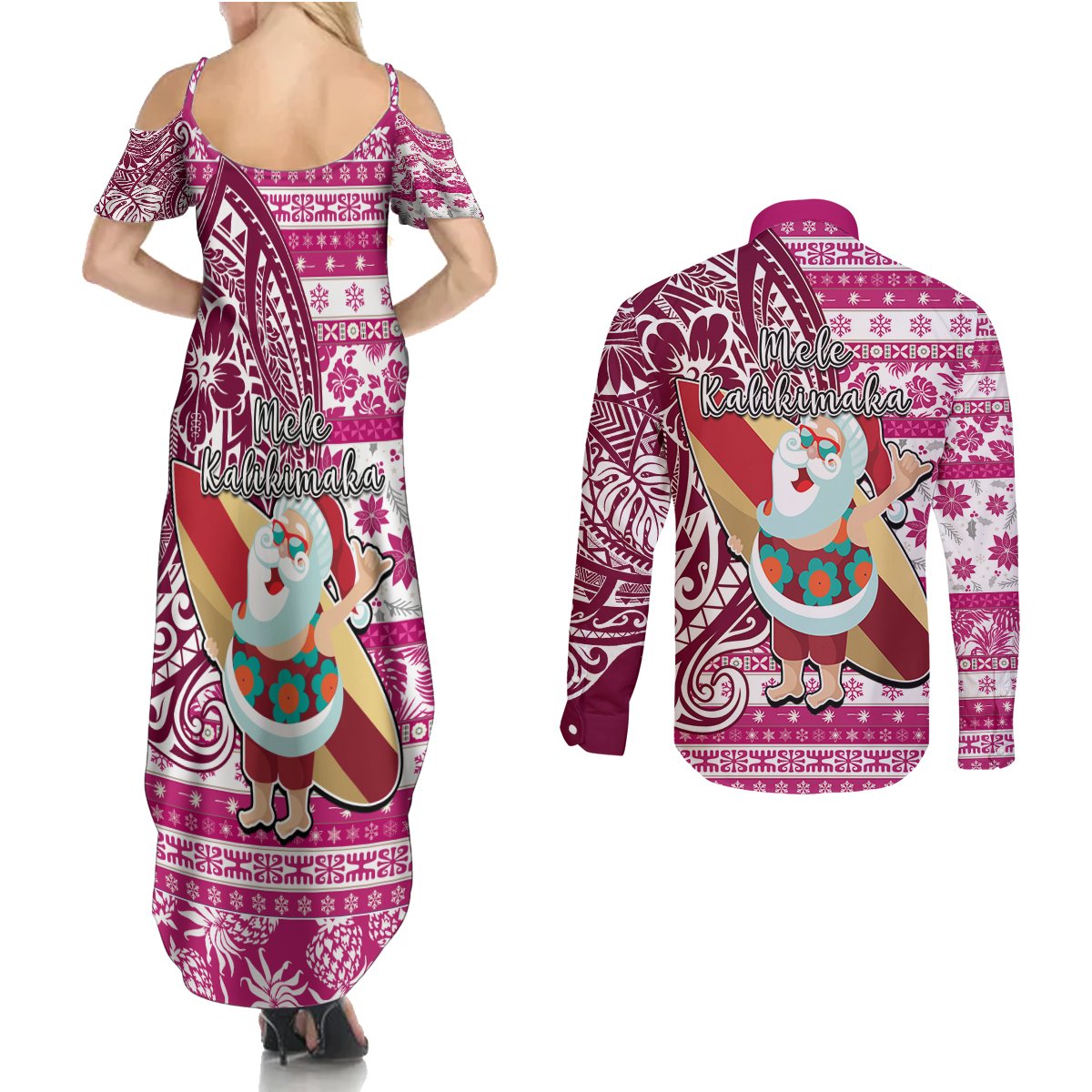 Hawaii Mele Kalikimaka Couples Matching Summer Maxi Dress and Long Sleeve Button Shirt Santa Claus Surfing with Hawaiian Pattern Striped Pink Style LT03 - Polynesian Pride