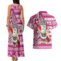 Hawaii Mele Kalikimaka Couples Matching Tank Maxi Dress and Hawaiian Shirt Santa Claus Surfing with Hawaiian Pattern Striped Pink Style LT03 - Polynesian Pride