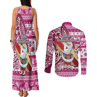 Hawaii Mele Kalikimaka Couples Matching Tank Maxi Dress and Long Sleeve Button Shirt Santa Claus Surfing with Hawaiian Pattern Striped Pink Style LT03 - Polynesian Pride