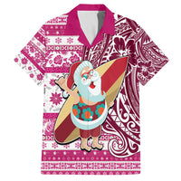 Hawaii Mele Kalikimaka Family Matching Off Shoulder Long Sleeve Dress and Hawaiian Shirt Santa Claus Surfing with Hawaiian Pattern Striped Pink Style LT03 Dad's Shirt - Short Sleeve Pink - Polynesian Pride