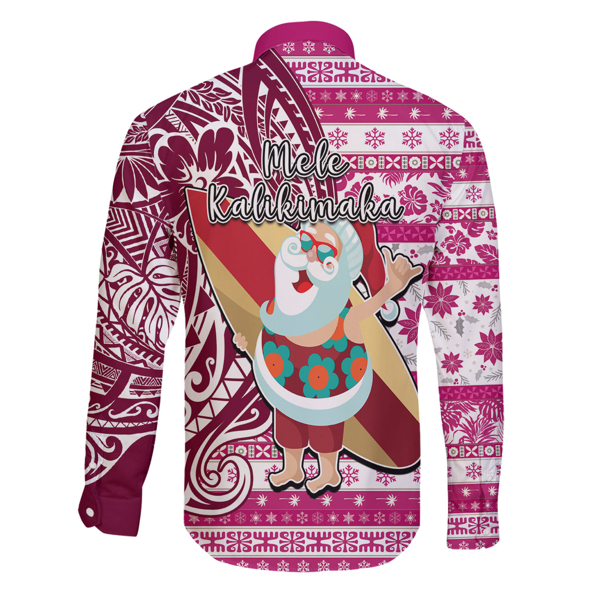 Hawaii Mele Kalikimaka Family Matching Off Shoulder Long Sleeve Dress and Hawaiian Shirt Santa Claus Surfing with Hawaiian Pattern Striped Pink Style LT03 - Polynesian Pride