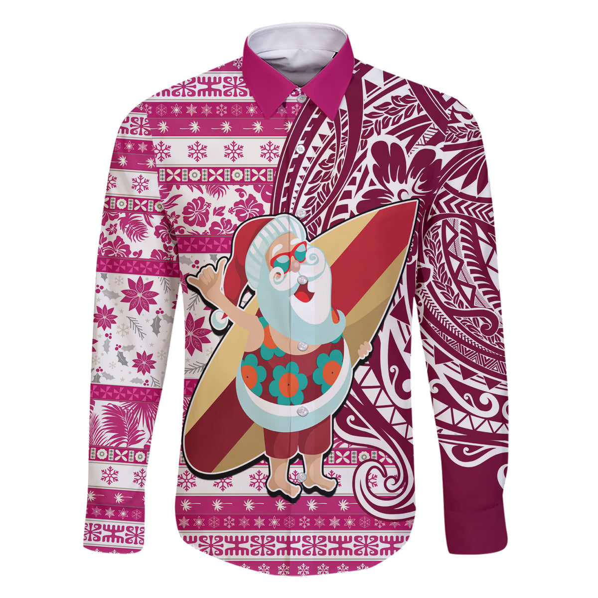 Hawaii Mele Kalikimaka Family Matching Short Sleeve Bodycon Dress and Hawaiian Shirt Santa Claus Surfing with Hawaiian Pattern Striped Pink Style LT03 Dad's Shirt - Long Sleeve Pink - Polynesian Pride