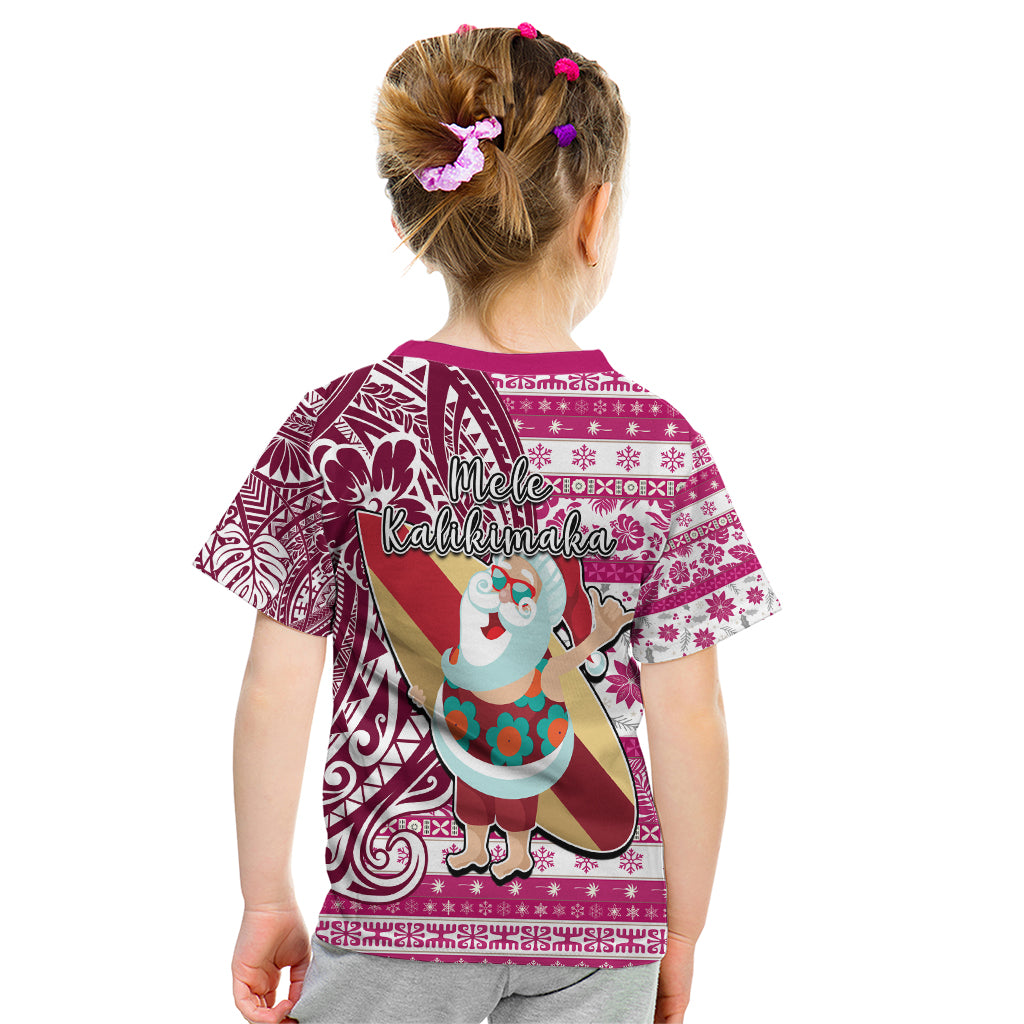 Hawaii Mele Kalikimaka Kid T Shirt Santa Claus Surfing with Hawaiian Pattern Striped Pink Style LT03 - Polynesian Pride