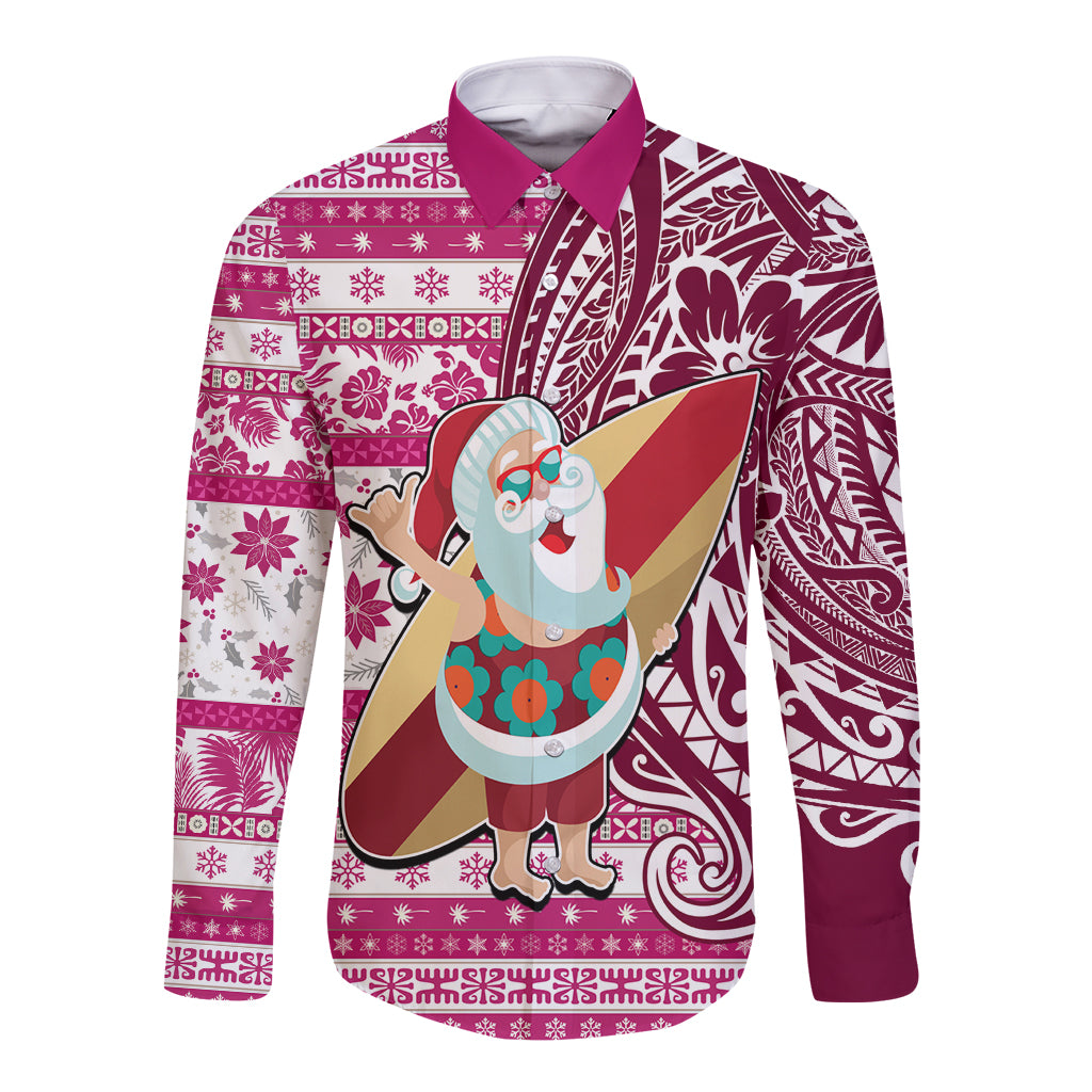 Hawaii Mele Kalikimaka Long Sleeve Button Shirt Santa Claus Surfing with Hawaiian Pattern Striped Pink Style LT03 Unisex Pink - Polynesian Pride