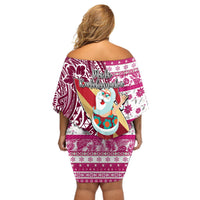 Hawaii Mele Kalikimaka Off Shoulder Short Dress Santa Claus Surfing with Hawaiian Pattern Striped Pink Style LT03 - Polynesian Pride