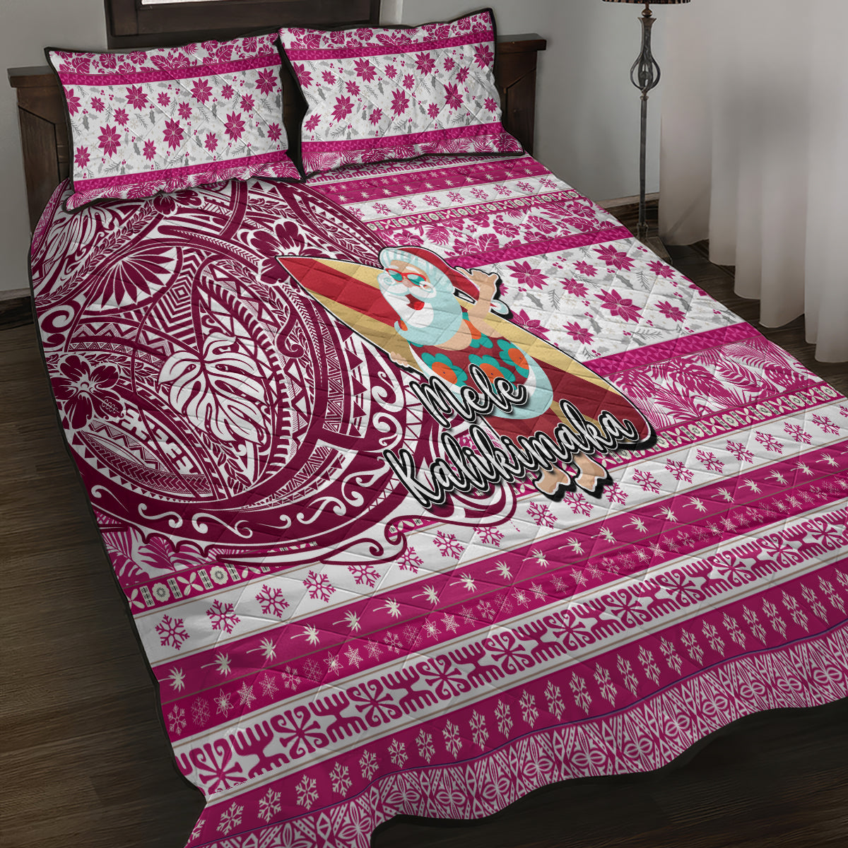 Hawaii Mele Kalikimaka Quilt Bed Set Santa Claus Surfing with Hawaiian Pattern Striped Pink Style LT03 - Polynesian Pride