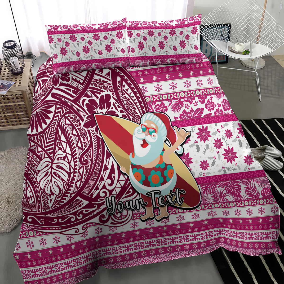 Custom Hawaii Mele Kalikimaka Bedding Set Santa Claus Surfing with Hawaiian Pattern Striped Pink Style LT03 - Polynesian Pride